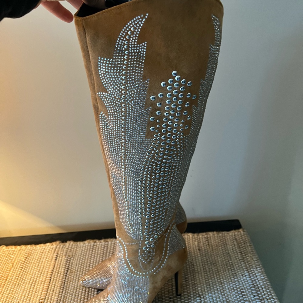 Sequined Tan thigh high 4 inch heels cowgirl boots, NEVER WORN!!